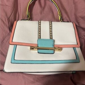 Aldo White Satchel with Blue and Pink Accents